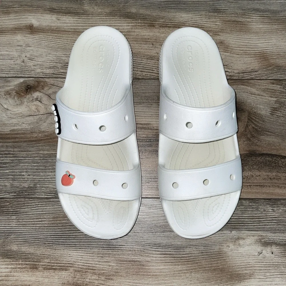 Croc's Sandals, Slides, White, Charms INCLUDED, Beach, Vacation, M 12